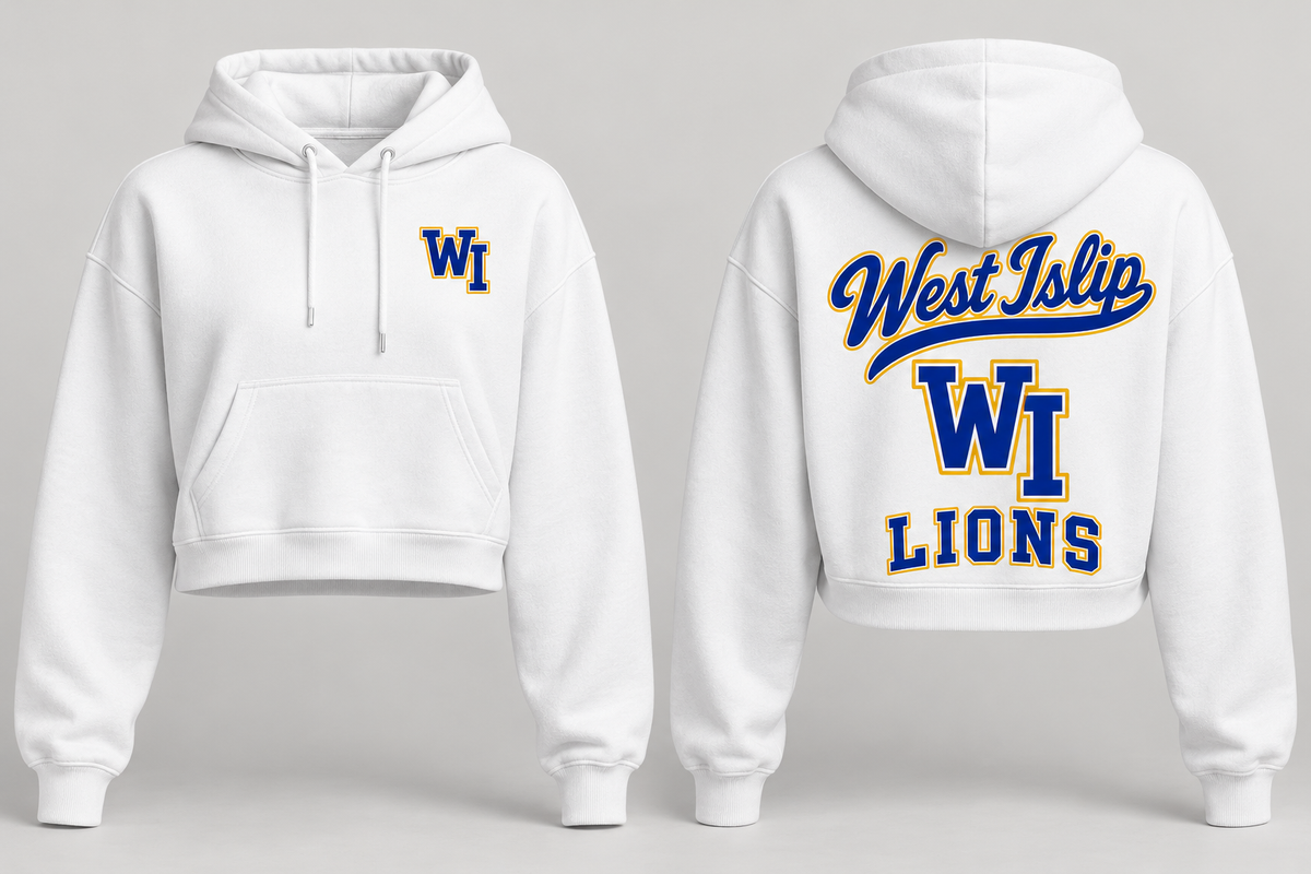 White West Islip Lions women's collegiate crop hoodie front and back