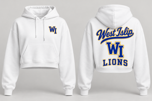 White West Islip Lions women's collegiate crop hoodie front and back