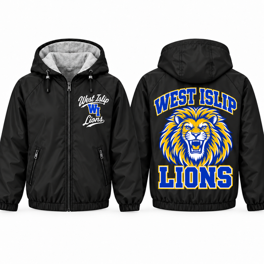 West Islip Lions full-mane collegiate script adult jacket in black, front and back