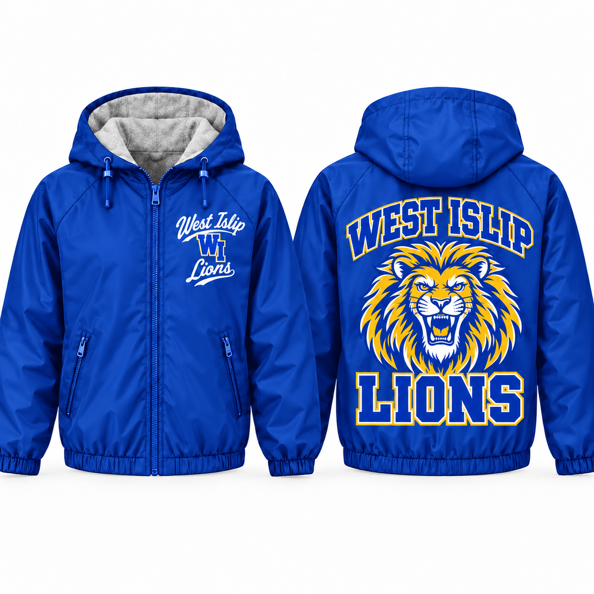West Islip Lions full-mane collegiate script adult jacket in royal, front and back