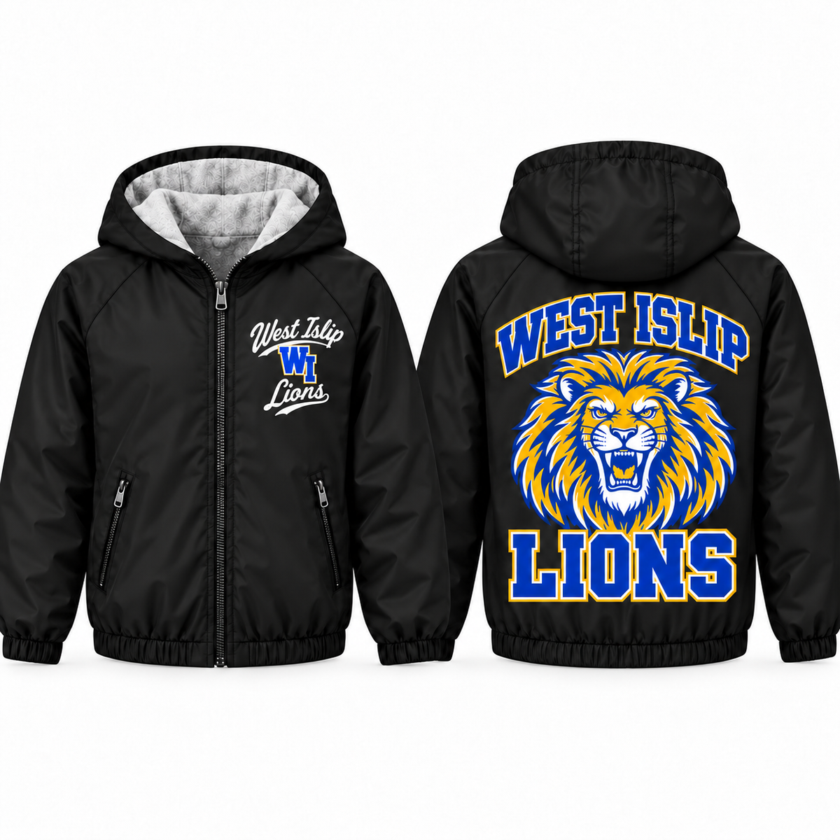 West Islip Lions full-mane collegiate script youth jacket in black, front and back