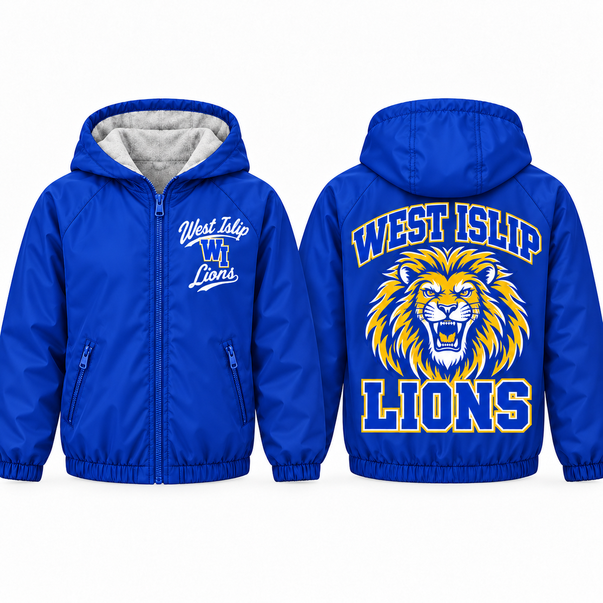 West Islip Lions full-mane collegiate script youth jacket in royal, front and back
