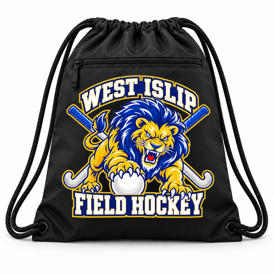 West Islip Field Hockey Pounce Lion Zip-Pocket Drawstring Bag in Black