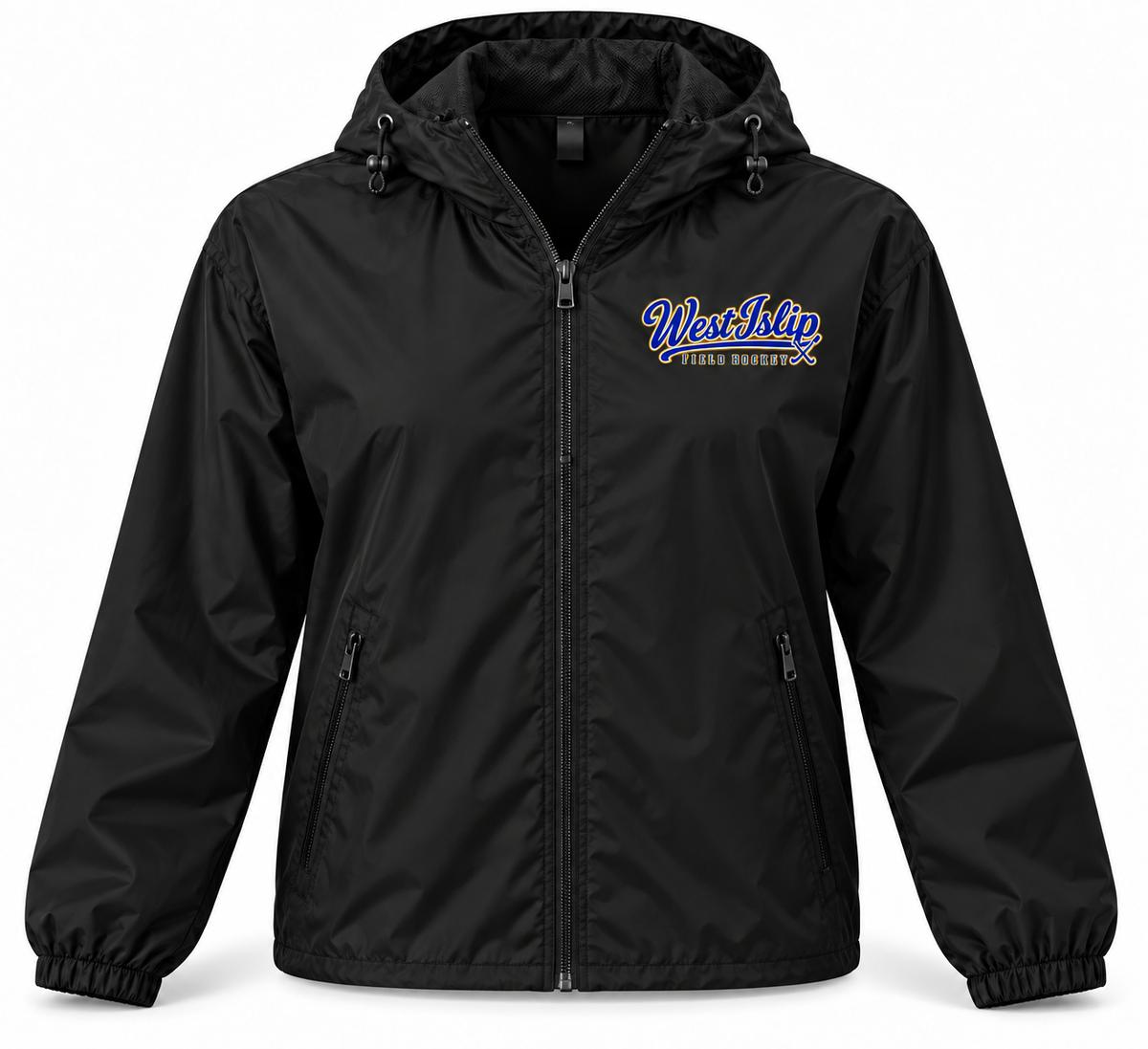 West Islip Field Hockey Heritage Script black regular-length unisex windbreaker