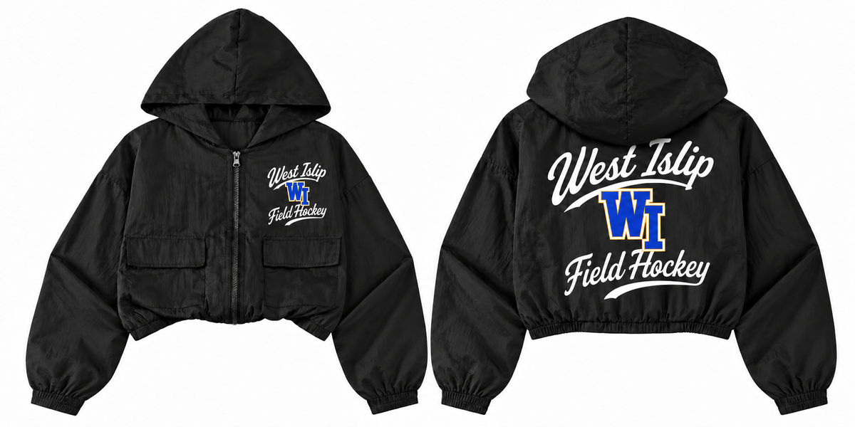 West Islip Field Hockey youth black cropped full-zip windbreaker front and back