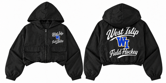West Islip Field Hockey youth black cropped full-zip windbreaker front and back