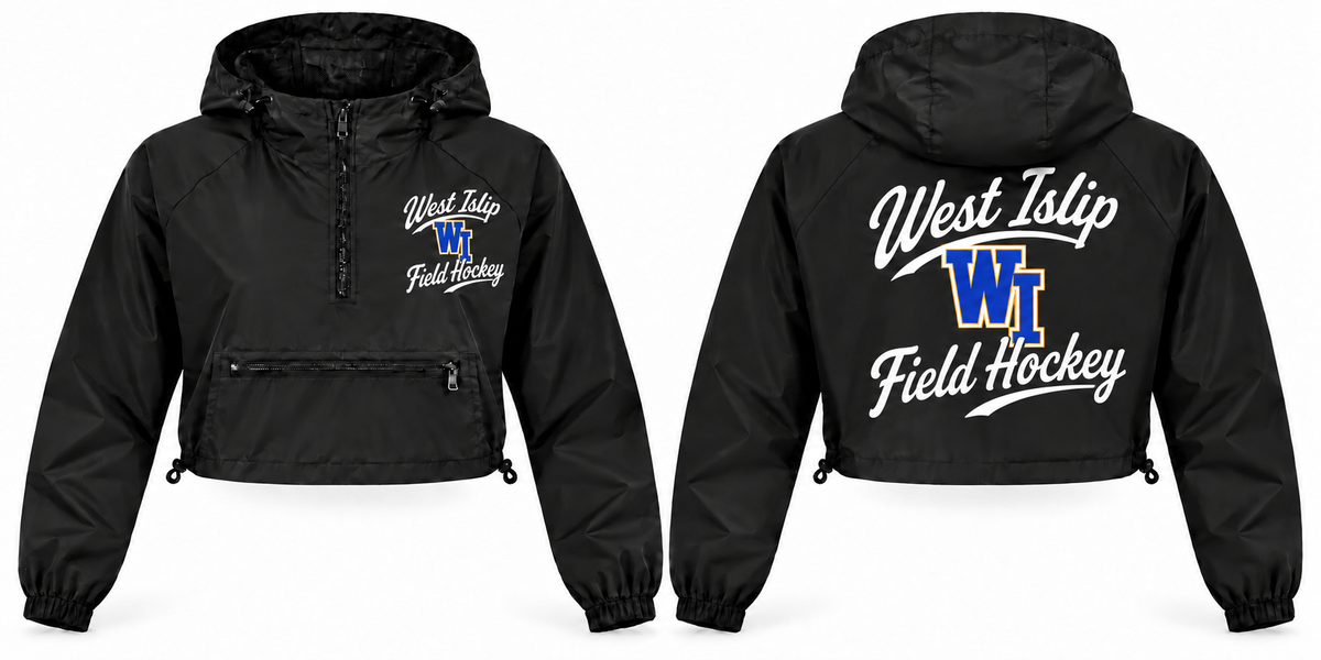 West Islip Field Hockey women's black crop windbreaker, left chest and full back script artwork