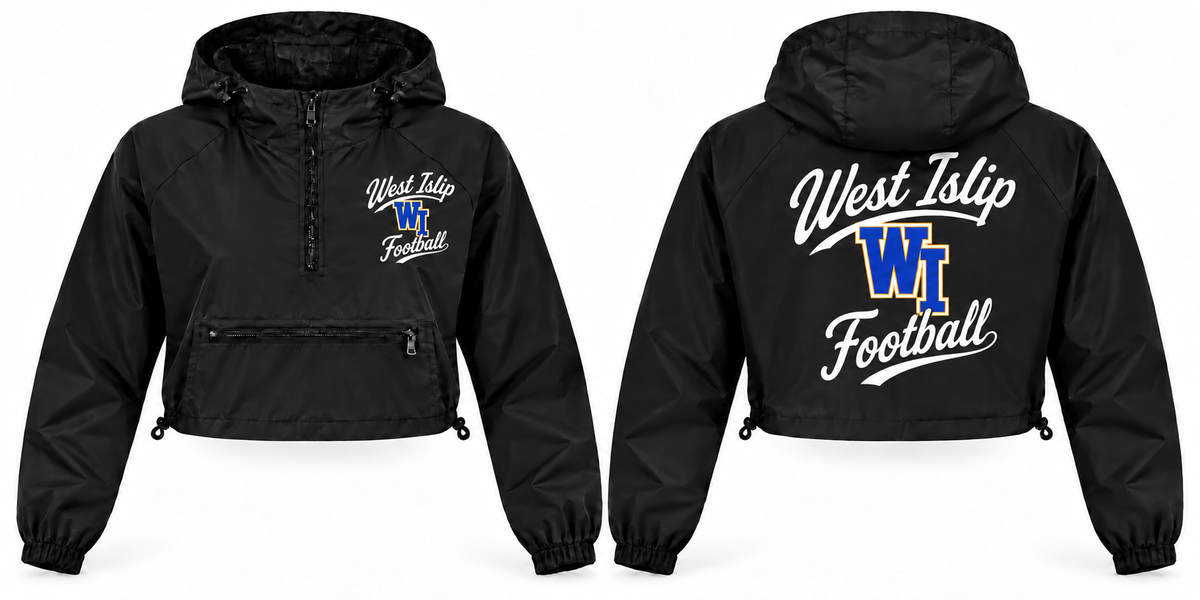West Islip Football women's black crop windbreaker, left chest and full back script artwork