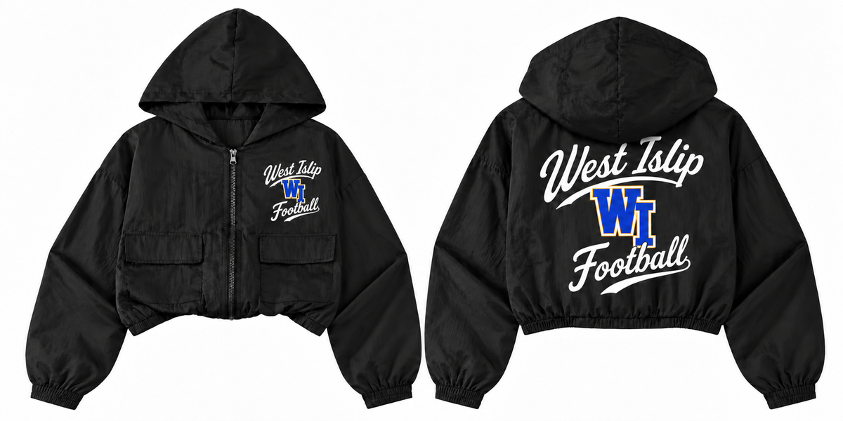 West Islip Football youth black cropped full-zip windbreaker front and back