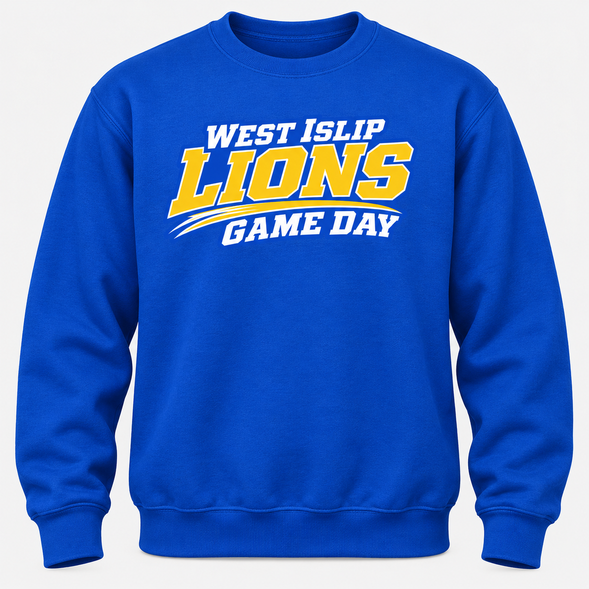 West Islip Lions Game Day crewneck in Royal Blue, front