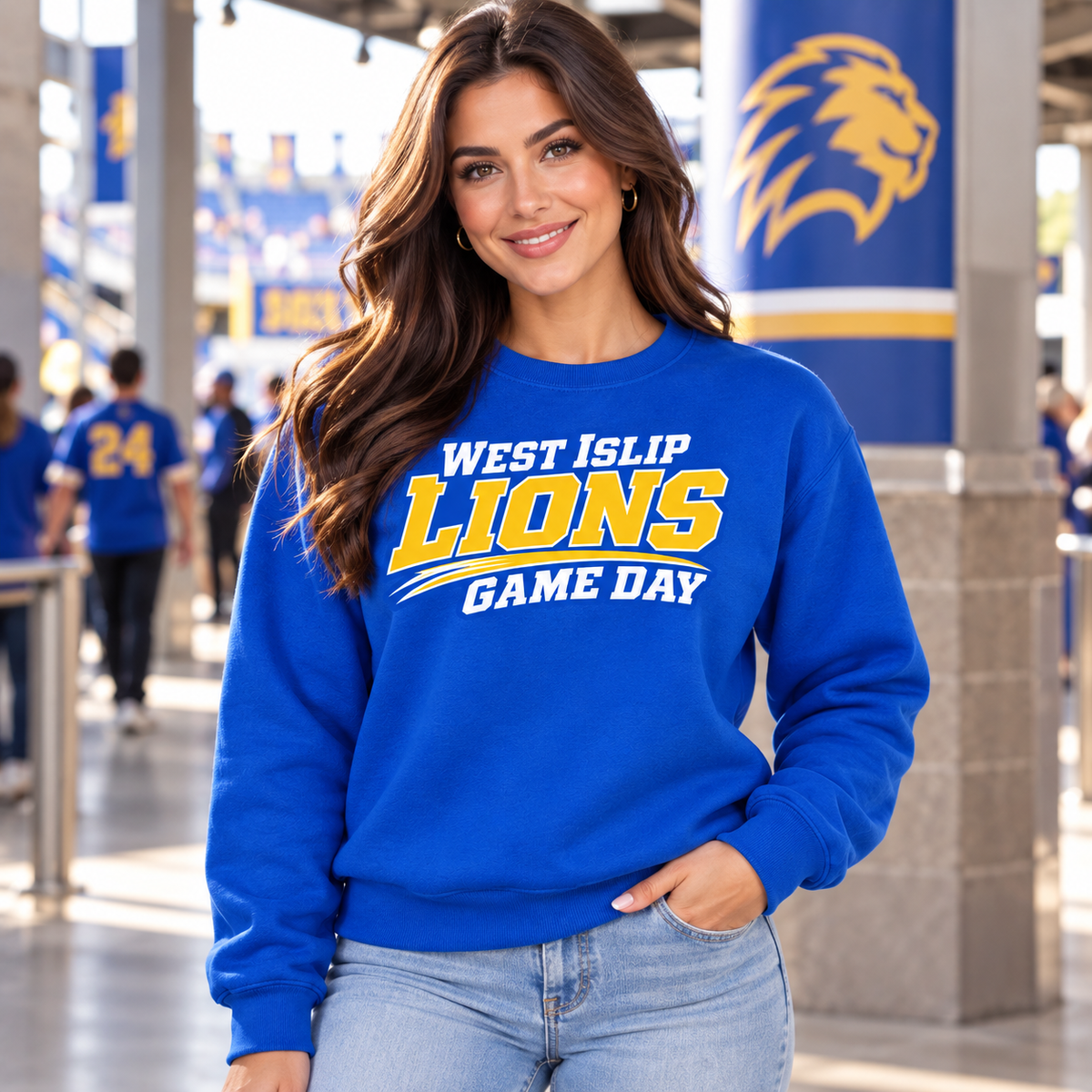 Adult model wearing Royal Blue West Islip Lions Game Day crewneck