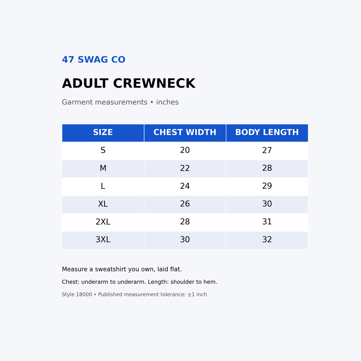 Adult crewneck size chart S to 3XL in inches