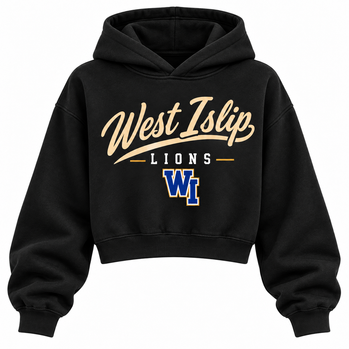 West Islip Lions black cropped hoodie with heritage school script and varsity monogram on front