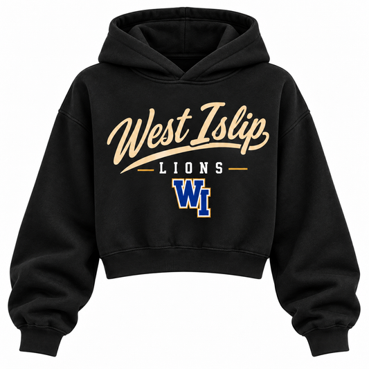 West Islip Lions black cropped hoodie with heritage school script and varsity monogram on front