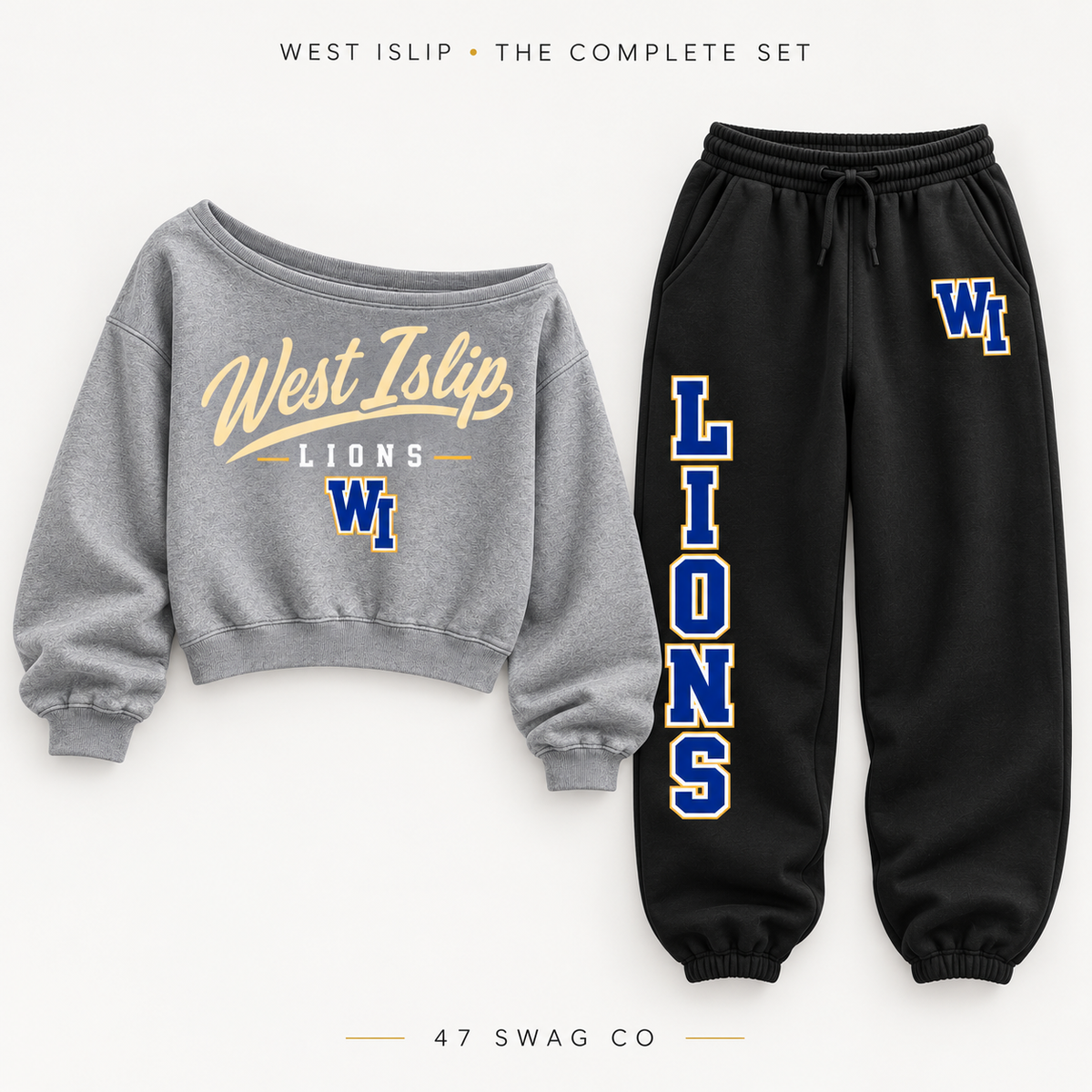 West Islip matching outfit: heather gray heritage off-shoulder crop top and black Lions baggy sweatpants