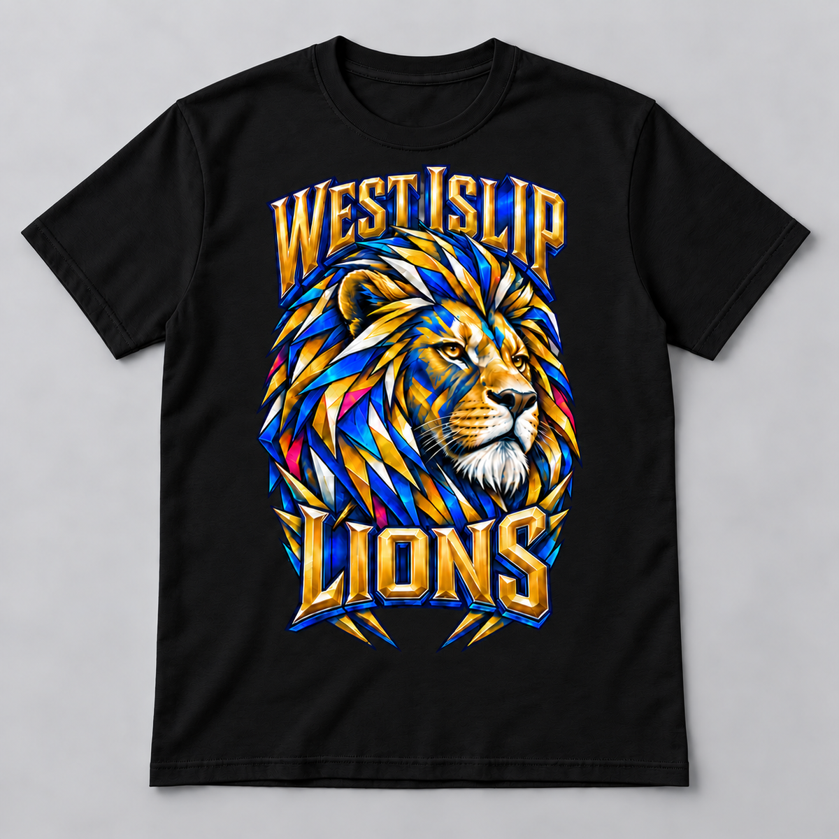 West Islip Kaleidoscope Lion premium T-shirt in black, front view