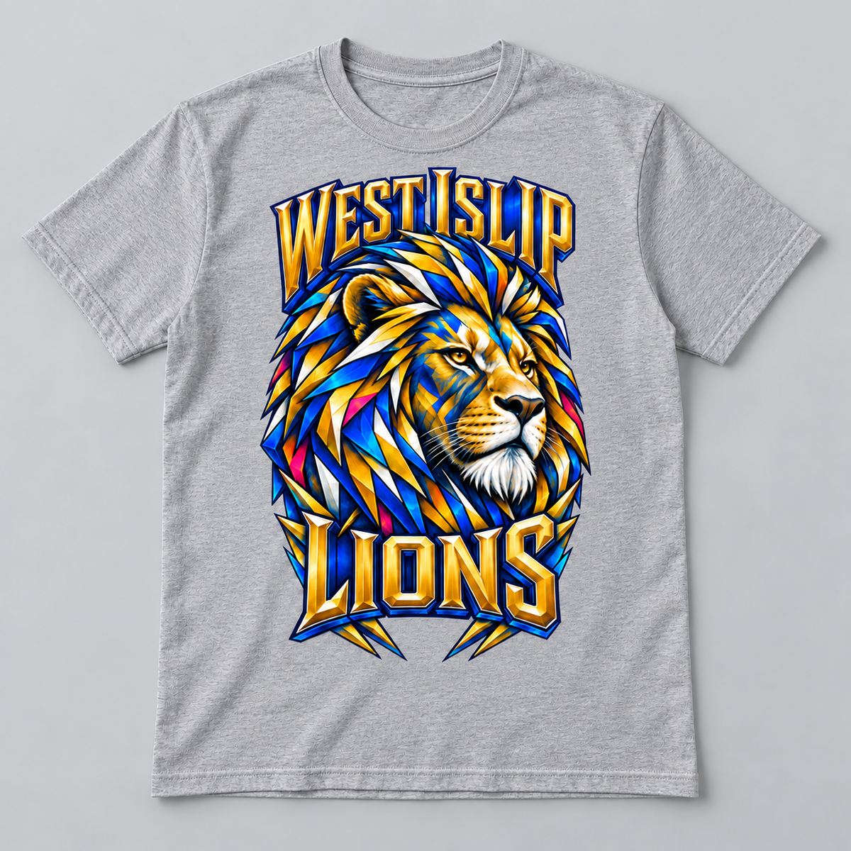 West Islip Kaleidoscope Lion premium T-shirt in heather-gray, front view