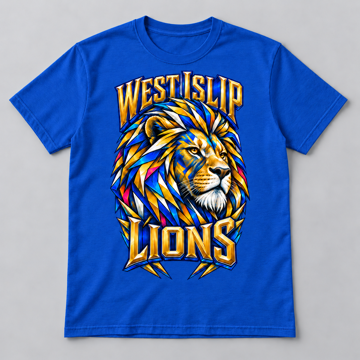 West Islip Kaleidoscope Lion premium T-shirt in royal, front view