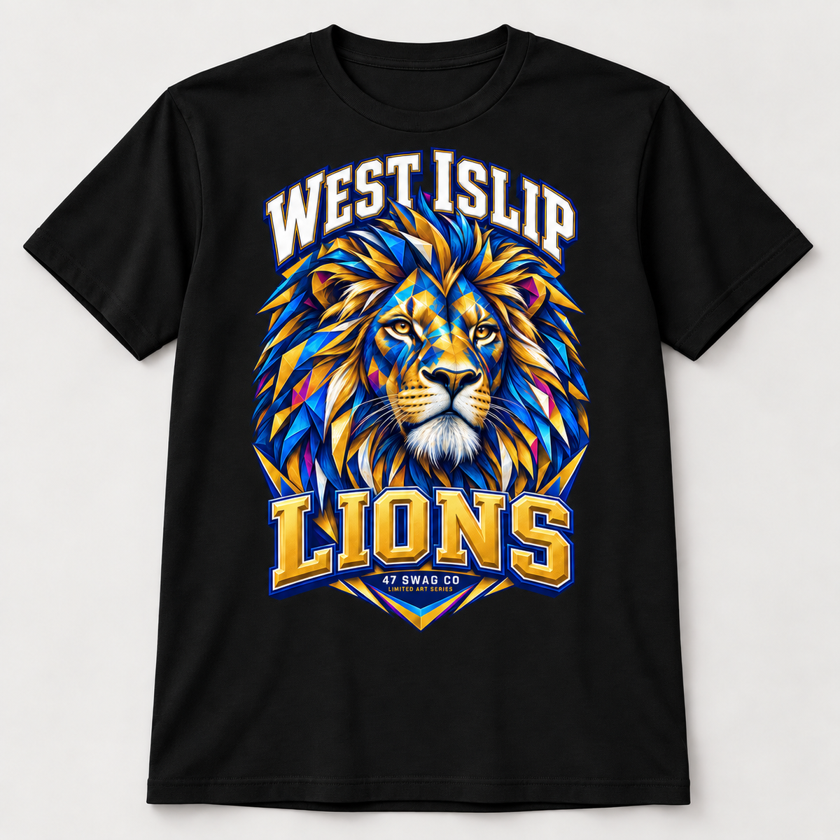 West Islip Kaleidoscope Mural Lion Premium Tee in black, front view