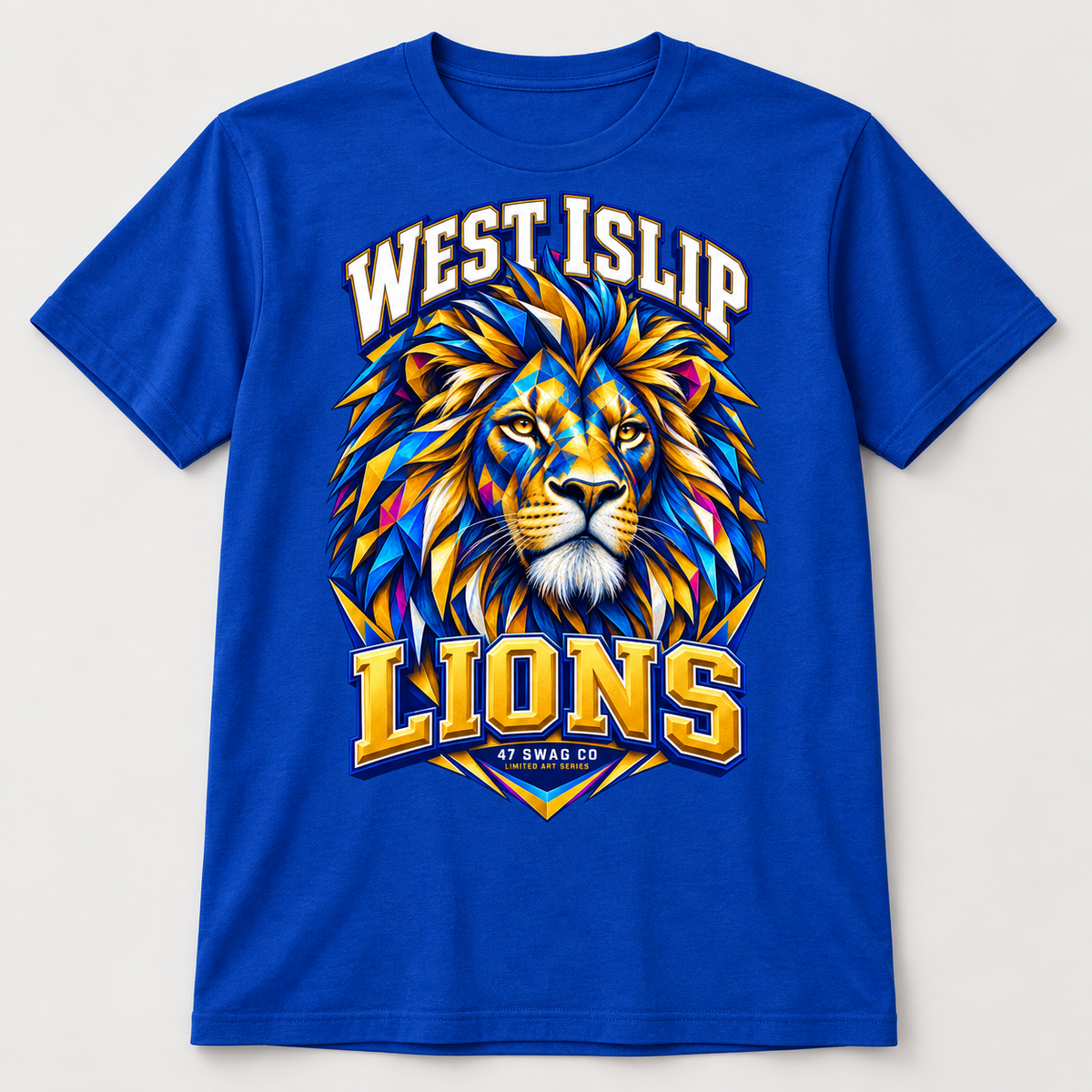 West Islip Kaleidoscope Mural Lion Premium Tee in royal blue, front view
