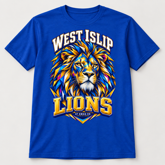 West Islip Kaleidoscope Mural Lion Premium Tee in royal blue, front view