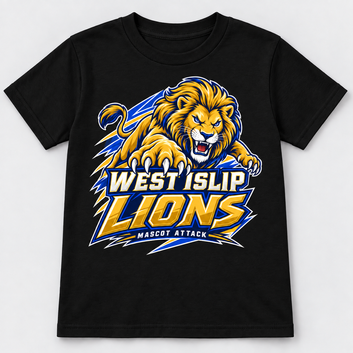 West Islip Lions Mascot Attack Youth Tee, black front view showing the mascot attack graphic