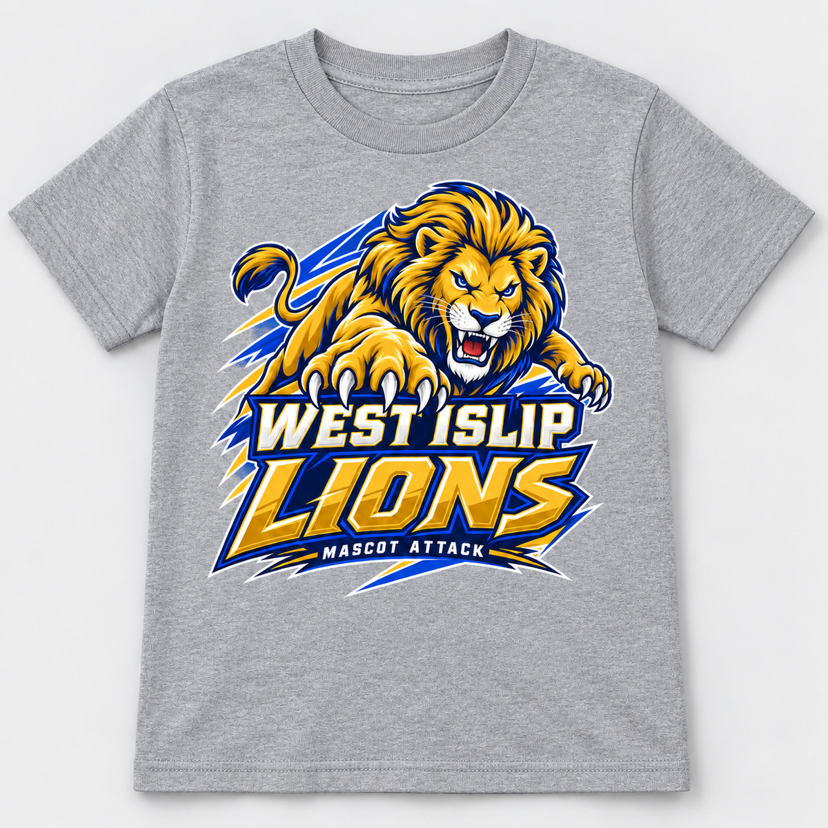 West Islip Lions Mascot Attack Youth Tee — Heather gray front view