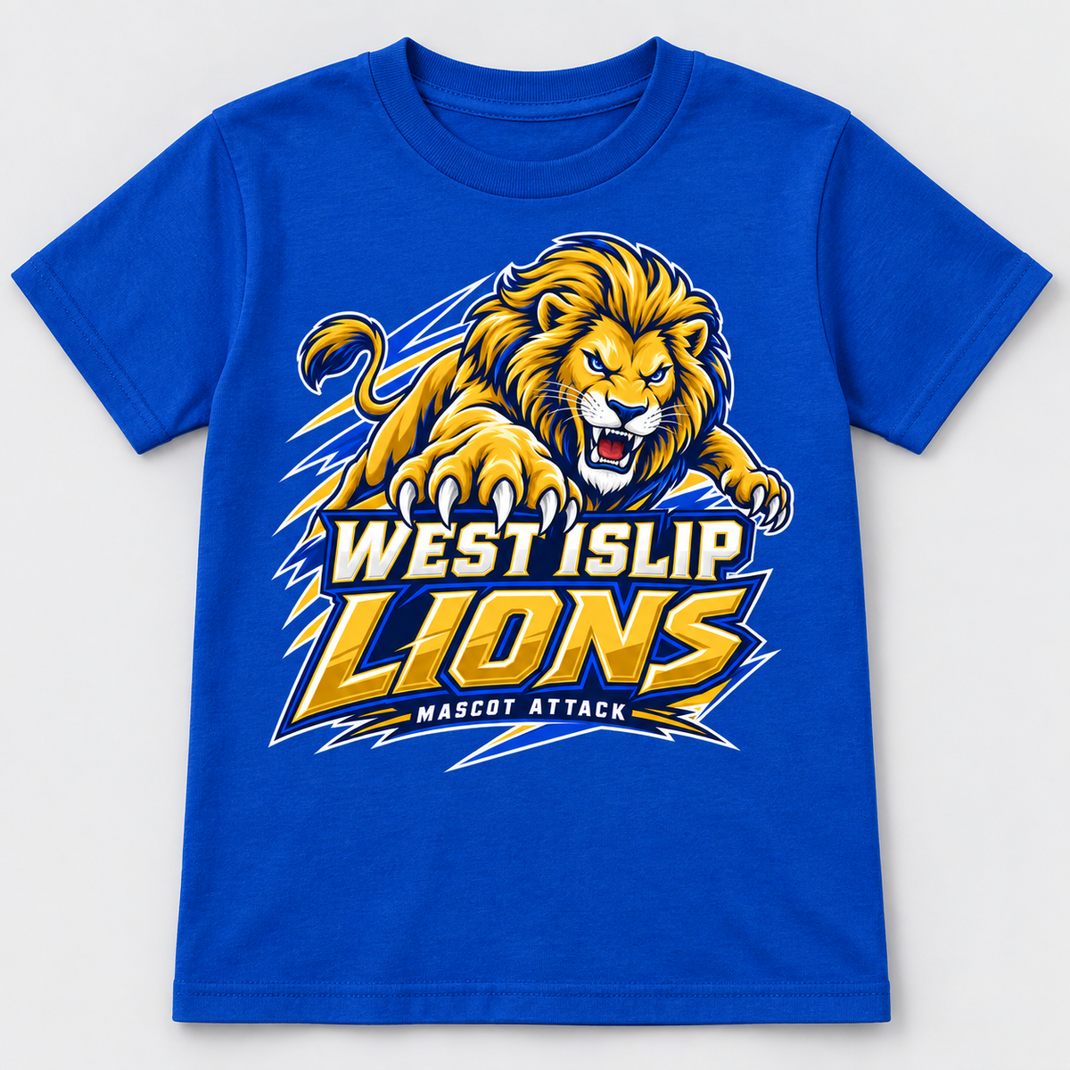 West Islip Lions Mascot Attack Youth Tee, royal front view showing the mascot attack graphic