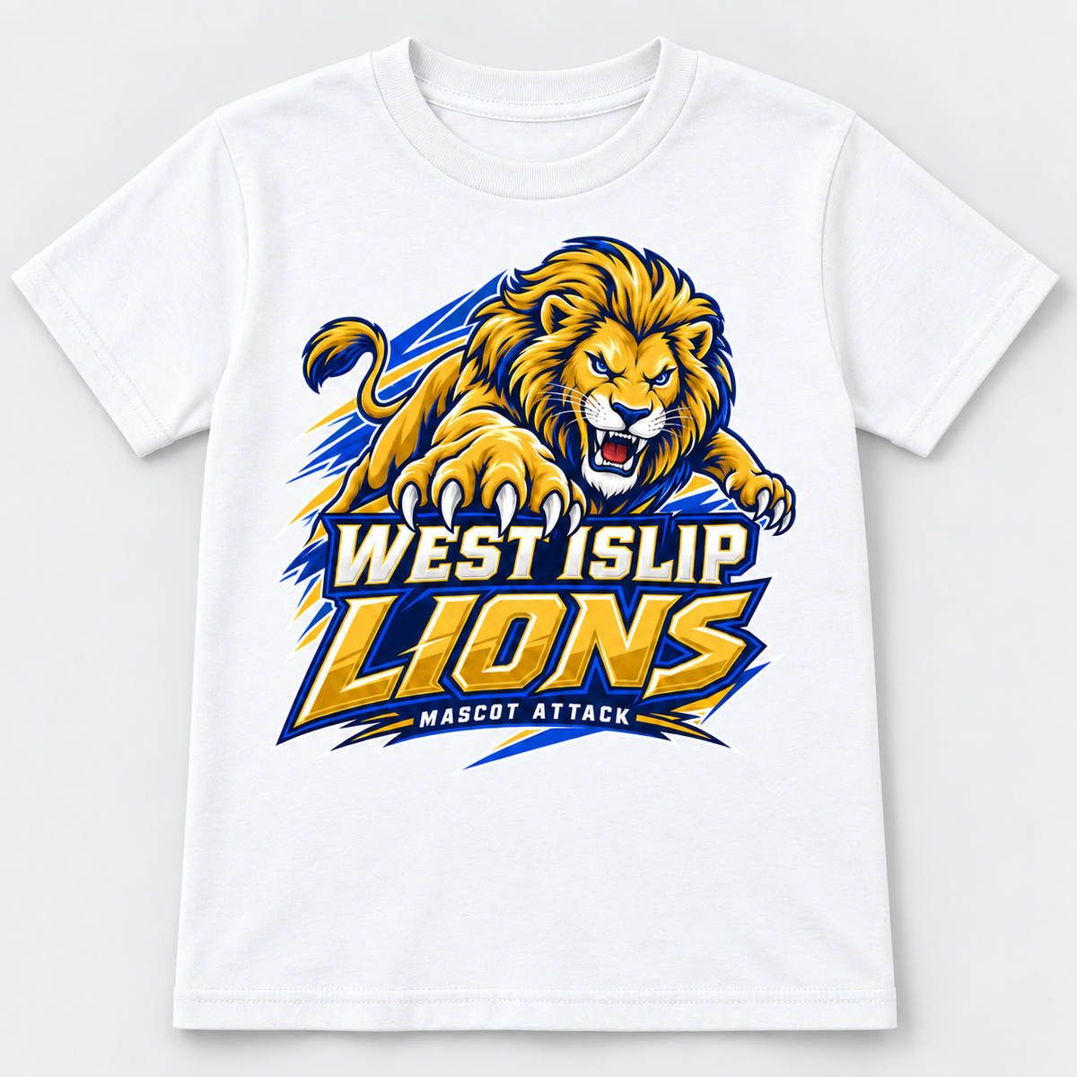 West Islip Lions Mascot Attack Youth Tee — White front view