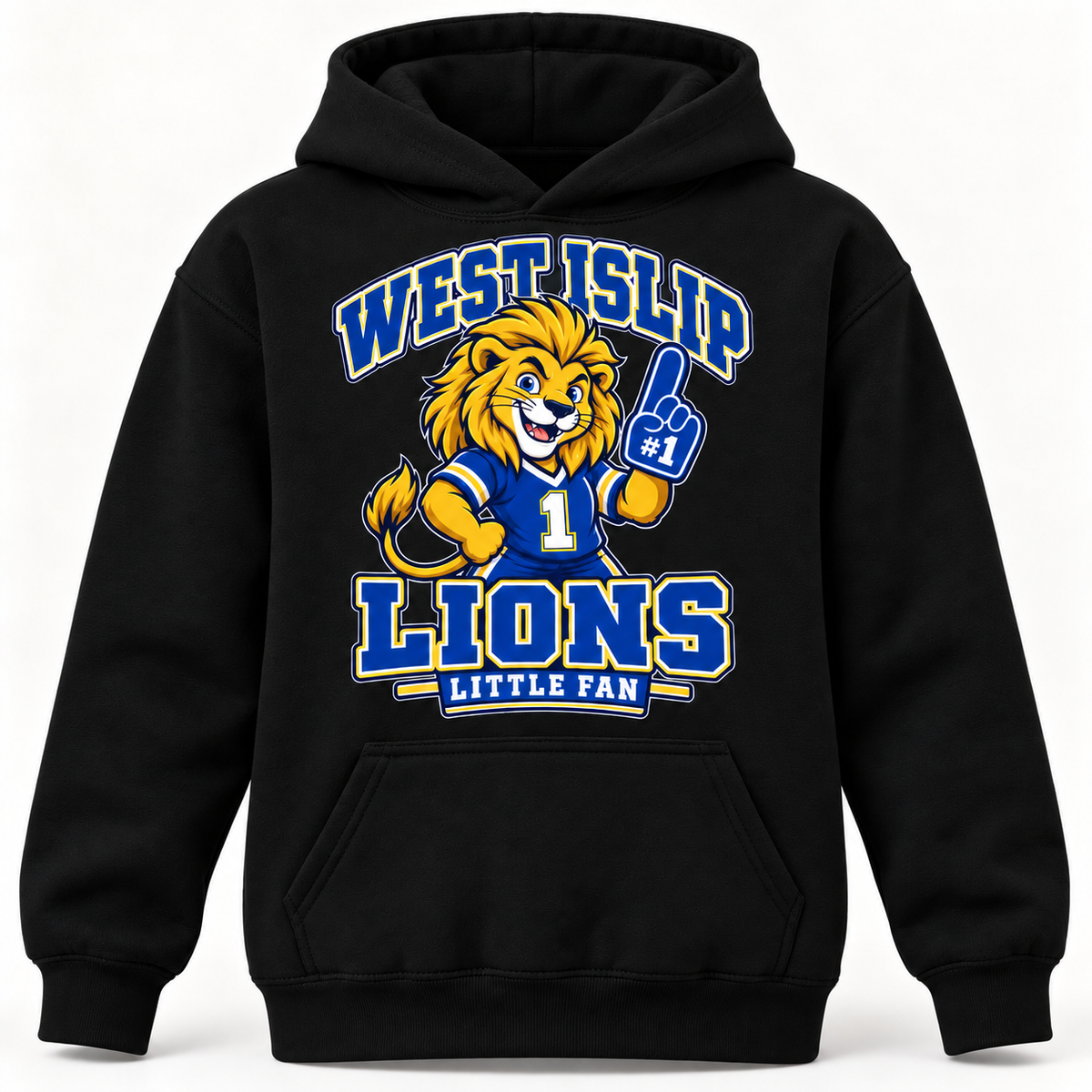West Islip Lions Little Fan Classic Mascot Youth Hoodie — Black front view