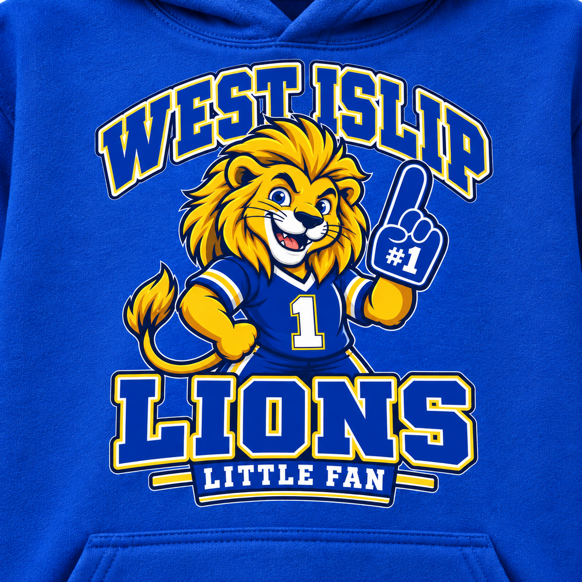 West Islip Lions Little Fan Classic Mascot Youth Hoodie — Royal detail view