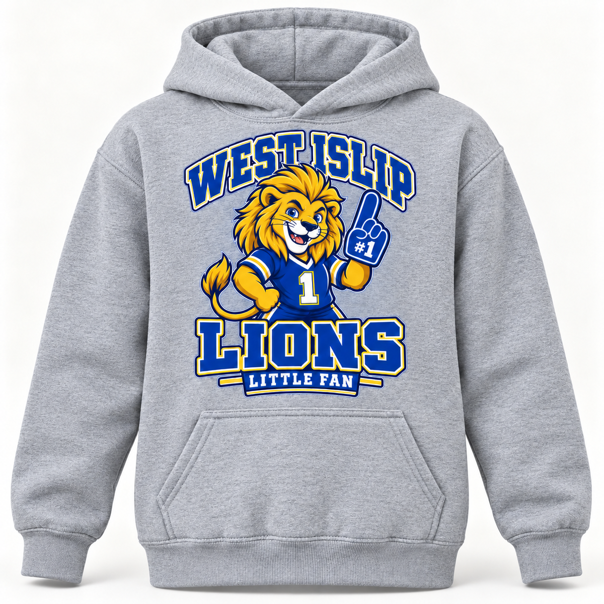 West Islip Lions Little Fan Classic Mascot Youth Hoodie — Heather gray front view