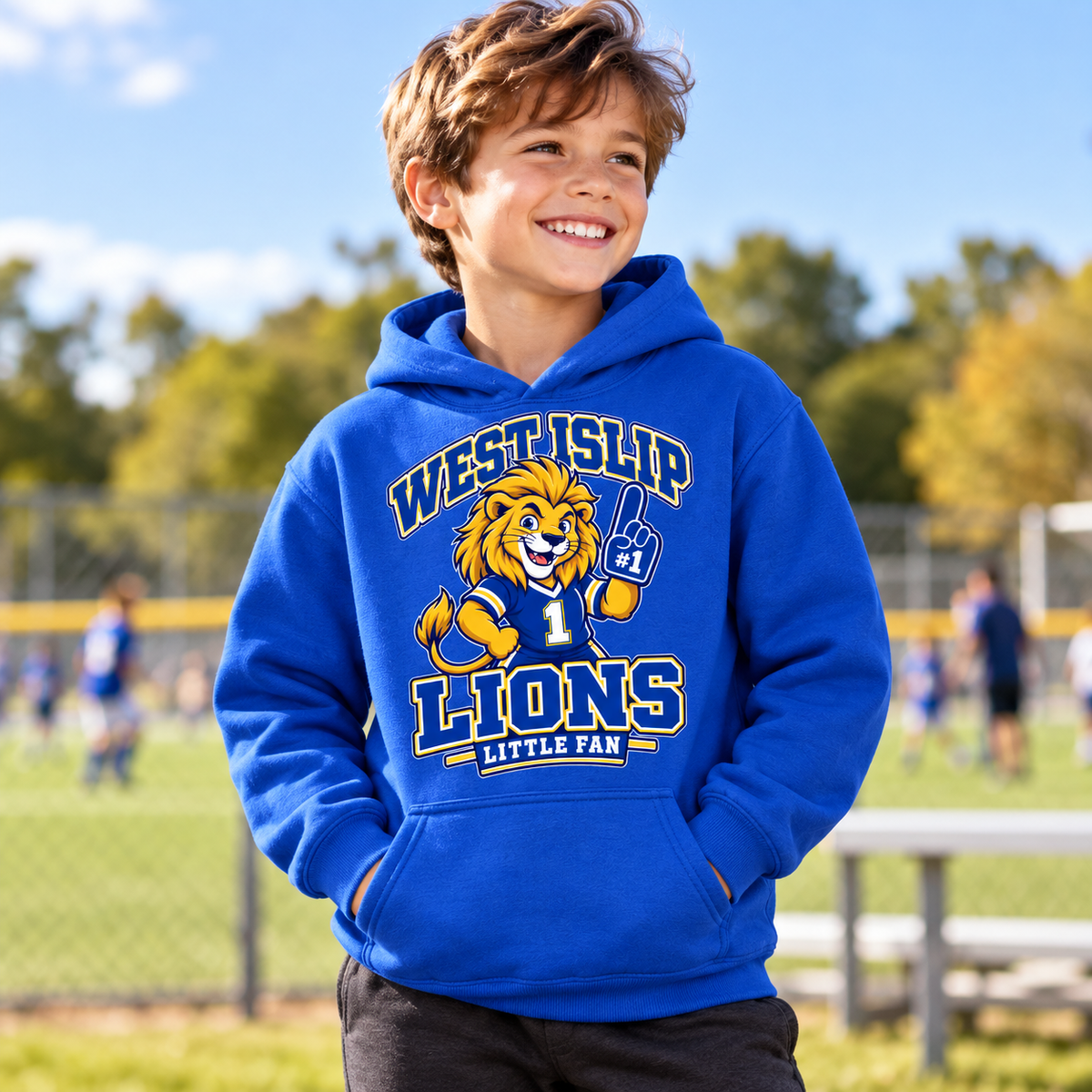 West Islip Lions Little Fan Classic Mascot Youth Hoodie — Royal lifestyle view