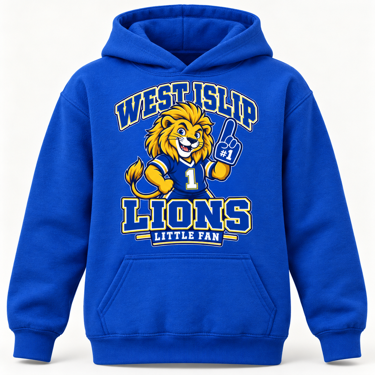 West Islip Lions Little Fan Classic Mascot Youth Hoodie — Royal front view