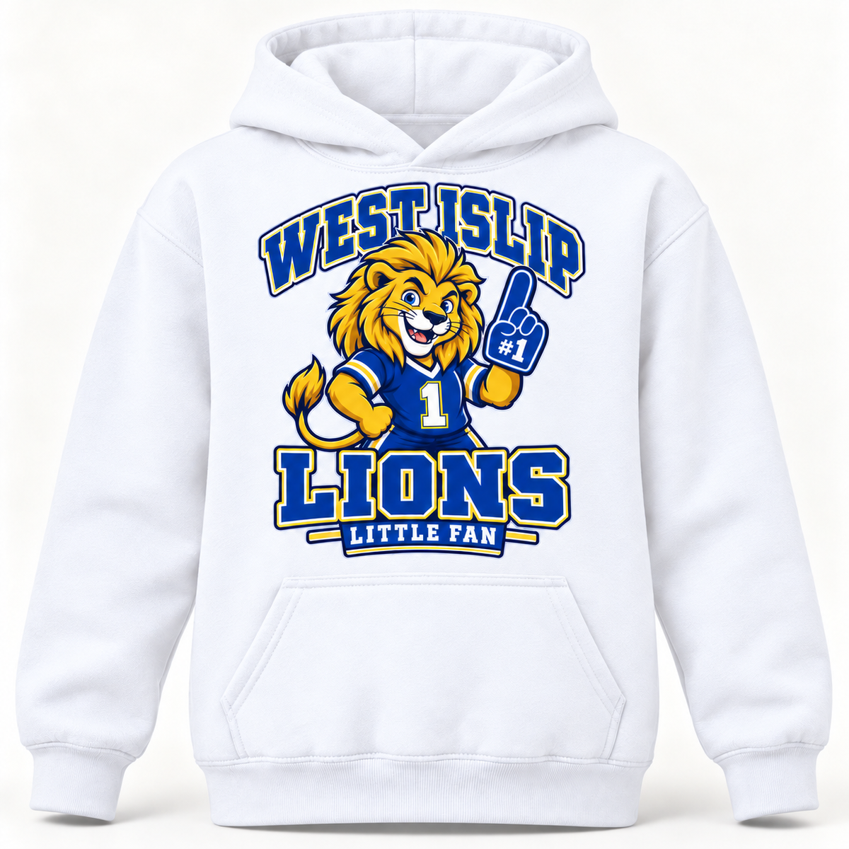 West Islip Lions Little Fan Classic Mascot Youth Hoodie — White front view