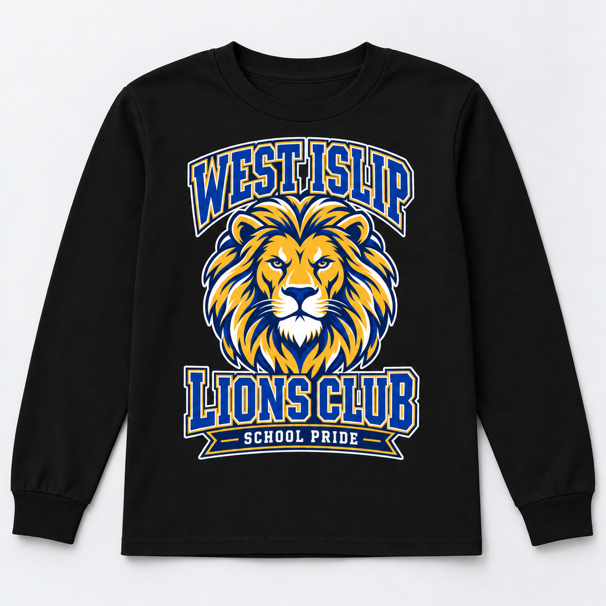West Islip Lions Mascot Club Youth Long-Sleeve Tee, black front view showing the mascot club graphic