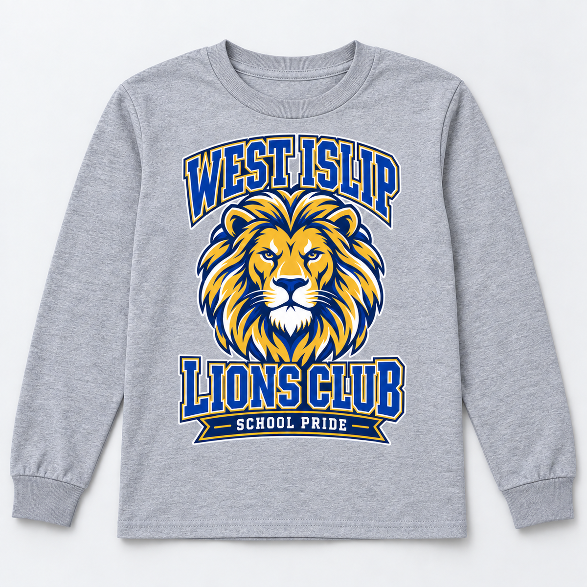 West Islip Lions Mascot Club Youth Long-Sleeve Tee — Heather gray front view