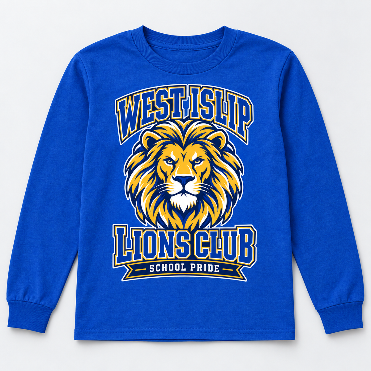 West Islip Lions Mascot Club Youth Long-Sleeve Tee, royal front view showing the mascot club graphic