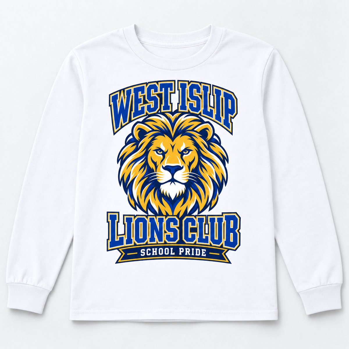 West Islip Lions Mascot Club Youth Long-Sleeve Tee — White front view