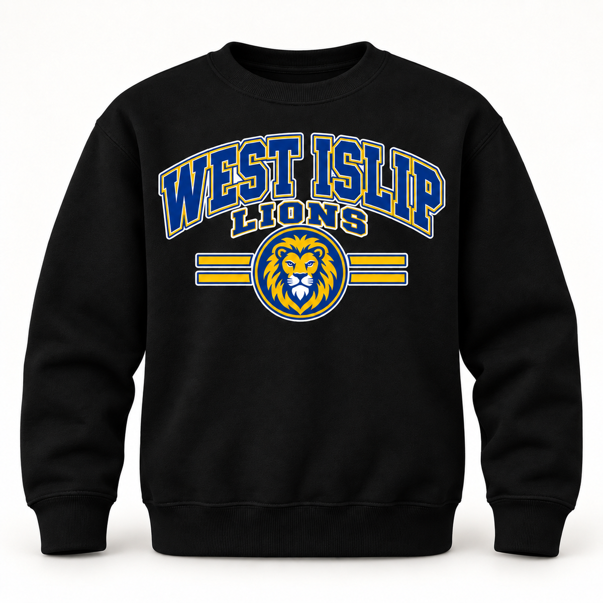 West Islip Lions Varsity Kid Youth Crewneck Sweatshirt — Black front view