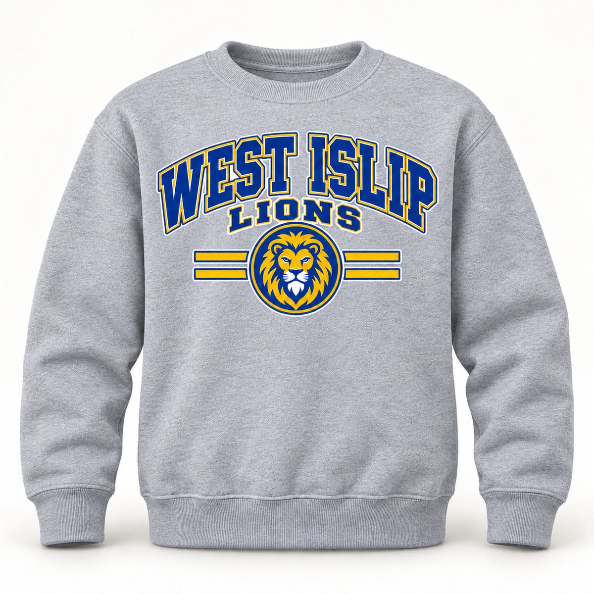 West Islip Lions Varsity Kid Youth Crewneck Sweatshirt — Heather gray front view
