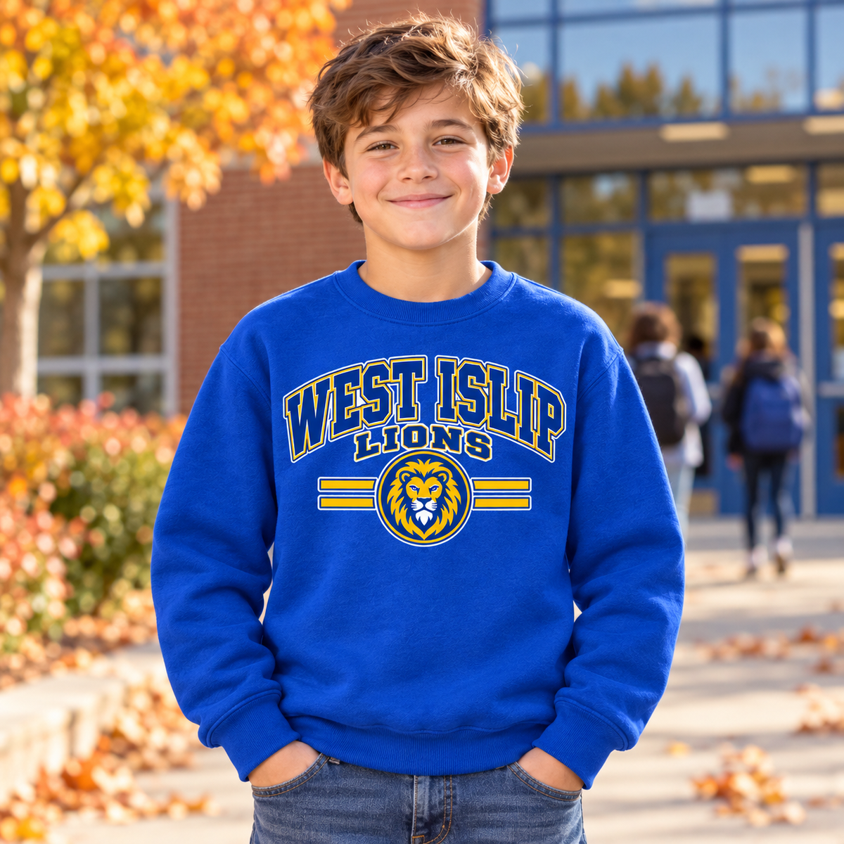 West Islip Lions Varsity Kid Youth Crewneck Sweatshirt — Royal lifestyle view