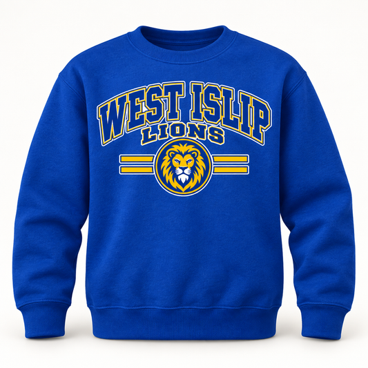 West Islip Lions Varsity Kid Youth Crewneck Sweatshirt — Royal front view