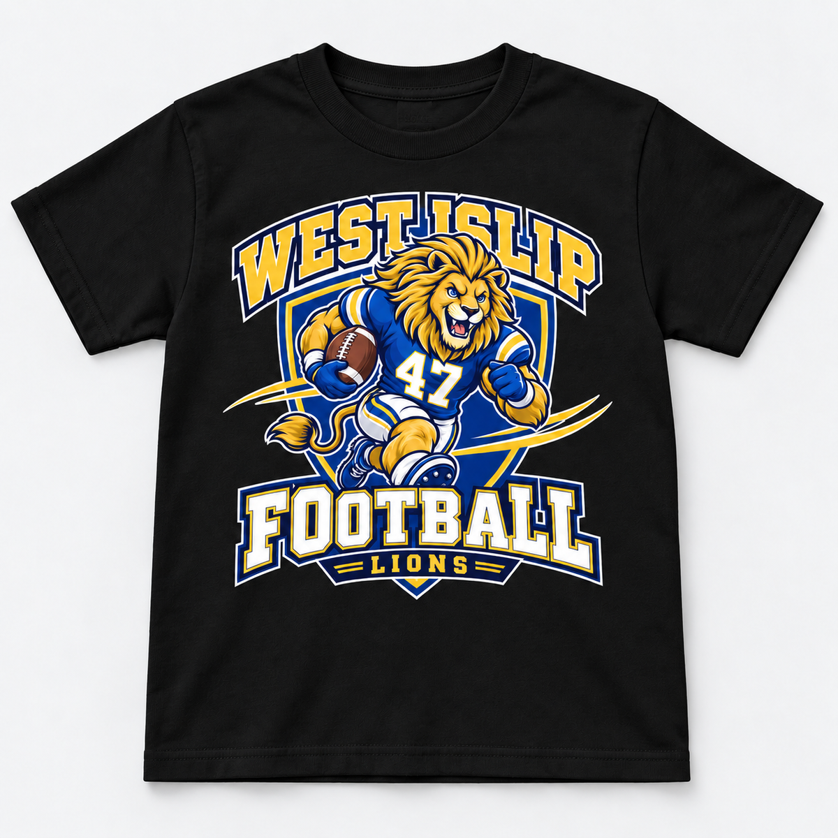 West Islip Lions Football Sport Mode Youth Tee, black front view showing the sport mode graphic