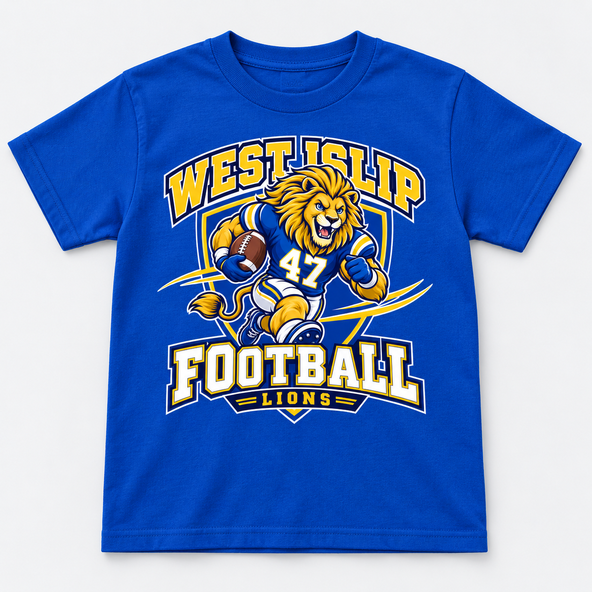 West Islip Lions Football Sport Mode Youth Tee, royal front view showing the sport mode graphic