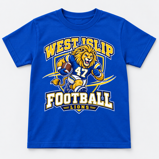 West Islip Lions Football Sport Mode Youth Tee, royal front view showing the sport mode graphic