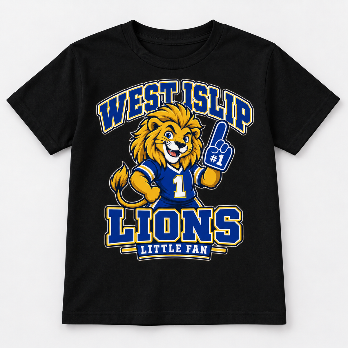West Islip Lions Little Fan Big Mascot Youth Tee, black front view showing the little fan graphic