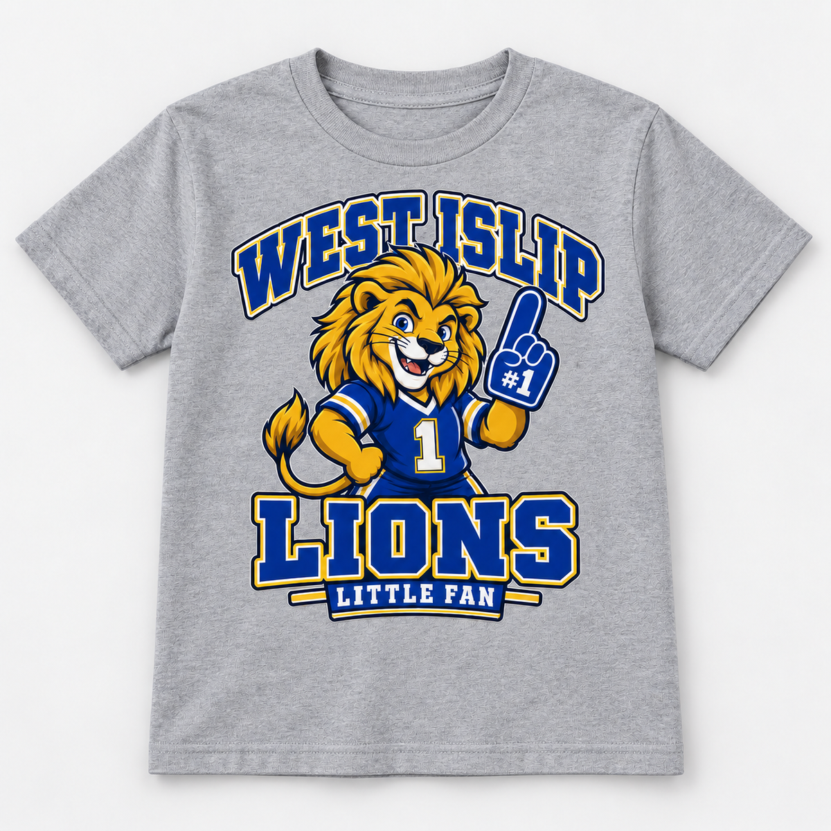 West Islip Lions Little Fan Big Mascot Youth Tee — Heather gray front view