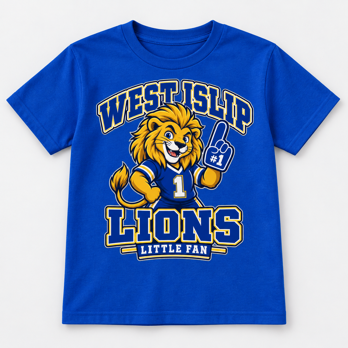 West Islip Lions Little Fan Big Mascot Youth Tee, royal front view showing the little fan graphic