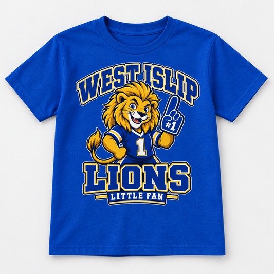West Islip Lions Little Fan Big Mascot Youth Tee, royal front view showing the little fan graphic